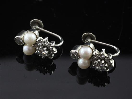 A pair of 18ct white gold, diamond and split pearl cluster ear clips, 15mm.